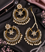 Off-White Pearled Kundan Embellished Dangler Earrings cum Tikka Set for Women