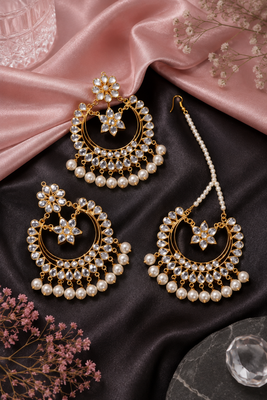 Off-White Pearled Kundan Embellished Dangler Earrings cum Tikka for Women 1