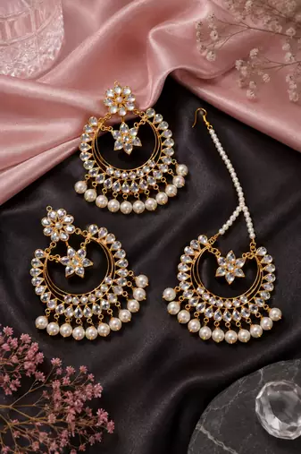 Pearl Kundan Embellished Dangler Earrings Maang Tikka 