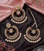 Off-White Pearled Kundan Embellished Dangler Earrings cum Tikka for Women