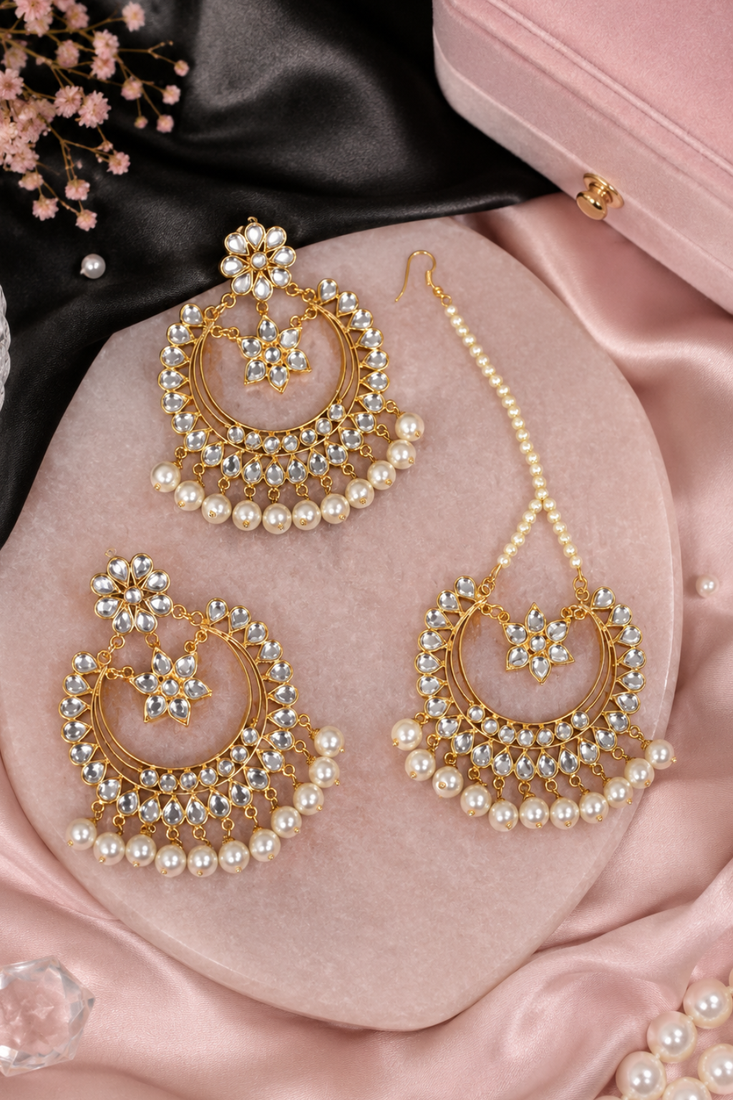 Pearl Kundan Embellished Dangler Earrings Maang Tikka 