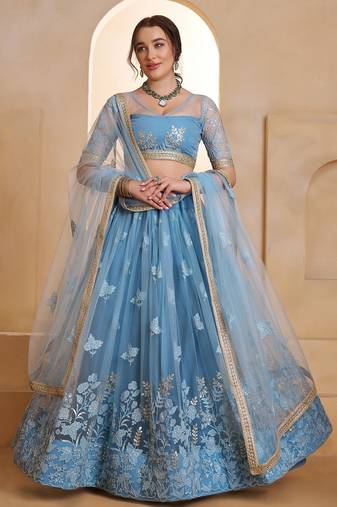 Mint Blue Net Zari Embroidered Sequins Beads Lehenga Wedding Wear