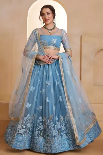 Mint Blue Net Zari Embroidered Sequins Beads Lehenga Wedding Wear