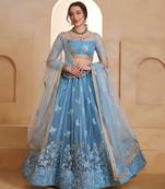 Mint Blue Net Zari Embroidered Sequins Beads Lehenga Wedding Wear
