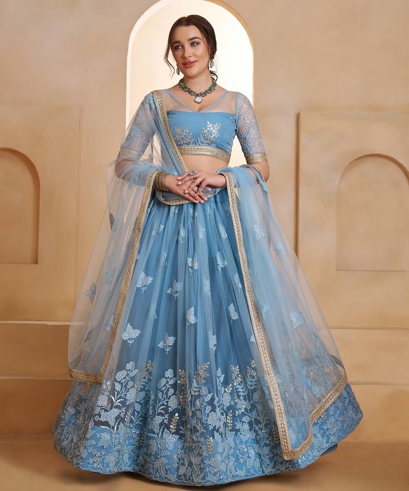 Mint Blue Net Zari Embroidered Sequins Beads Lehenga Wedding Wear