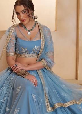 Mint Blue Net Zari Embroidered Sequins Beads Lehenga Wedding Wear 2