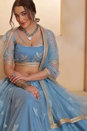 Mint Blue Net Zari Embroidered Sequins Beads Lehenga Wedding Wear