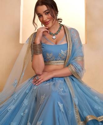 Mint Blue Net Zari Embroidered Sequins Beads Lehenga Wedding Wear 3