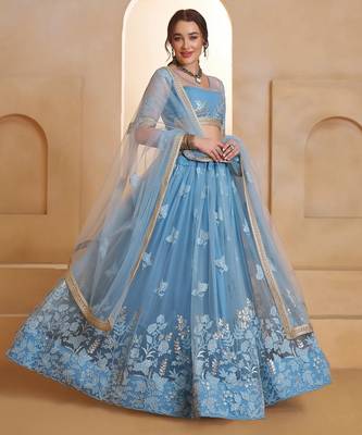 Mint Blue Net Zari Embroidered Sequins Beads Lehenga Wedding Wear 4