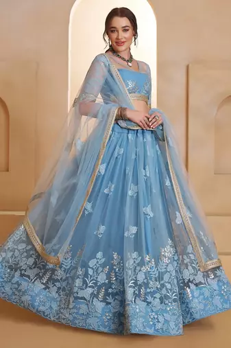 Mint Blue Net Zari Embroidered Sequins Beads Lehenga Wedding Wear