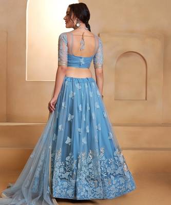 Mint Blue Net Zari Embroidered Sequins Beads Lehenga Wedding Wear 5