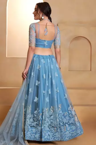 Mint Blue Net Zari Embroidered Sequins Beads Lehenga Wedding Wear