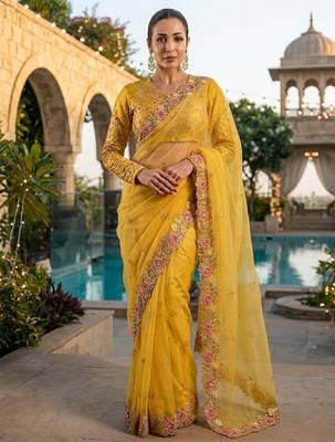 Yellow Floral Embroidered Designer Saree for Women 1