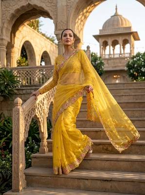 Yellow Floral Embroidered Designer Saree for Women 2