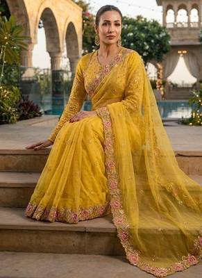 Yellow Floral Embroidered Designer Saree for Women 3