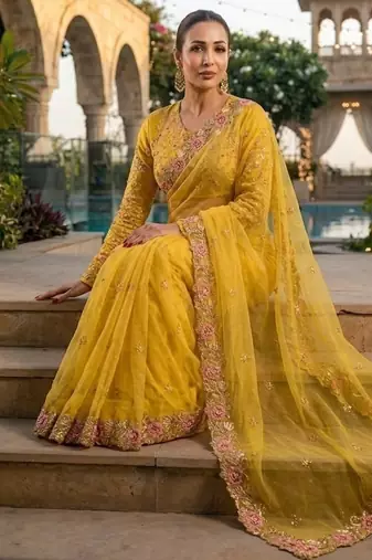 Yellow Floral Embroidered Designer Saree for Women