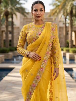 Yellow Floral Embroidered Designer Saree for Women 4