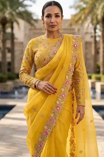 Yellow Floral Embroidered Designer Saree for Women