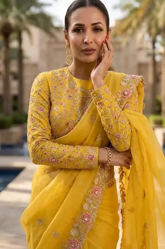 Yellow Floral Embroidered Designer Saree for Women