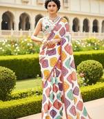 White Multicolor Printed Designer Saree for Women