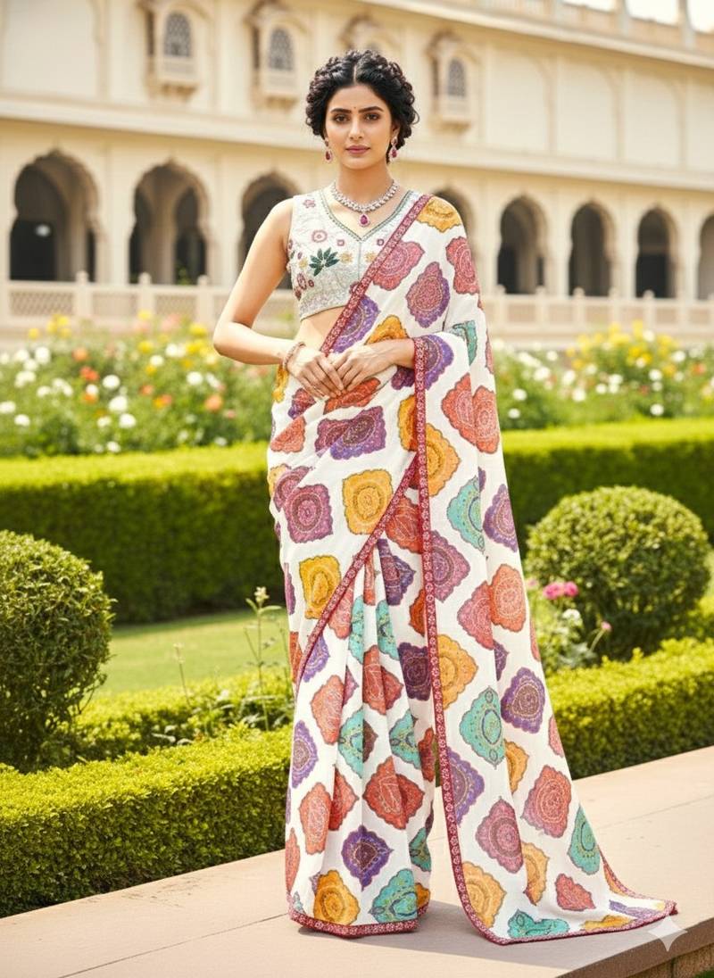 White Multicolor Printed Designer Saree for Women