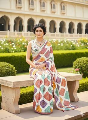 White Multicolor Printed Designer Saree for Women 2