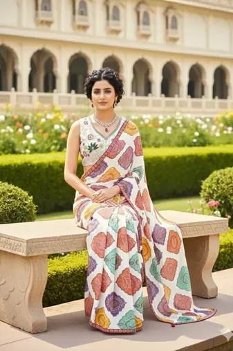 White Multicolor Printed Designer Saree for Women