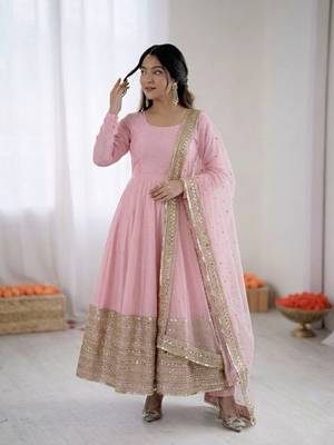 Womens new pastel pink solid anarkali kurta with heavy embroidered border gown set 1