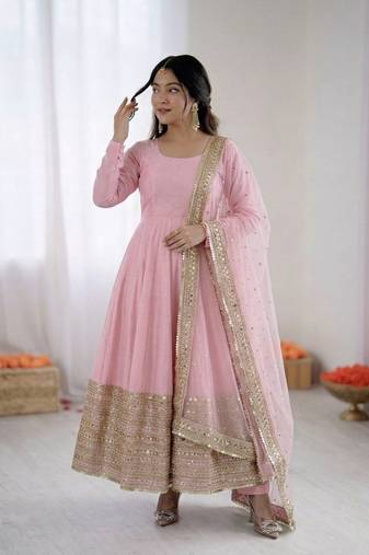 Womens new  pastel pink solid anarkali kurta with heavy embroidered border gown set
