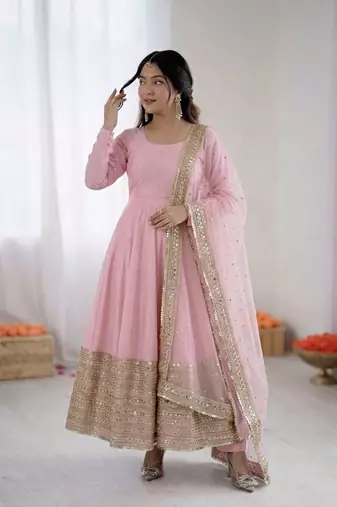 Womens new pastel pink solid anarkali kurta with heavy embroidered border gown set