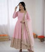 Womens new  pastel pink solid anarkali kurta with heavy embroidered border gown set