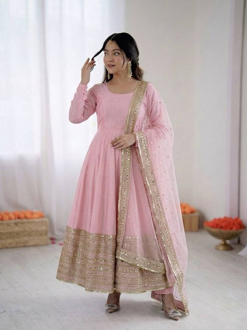 Womens new  pastel pink solid anarkali kurta with heavy embroidered border gown set