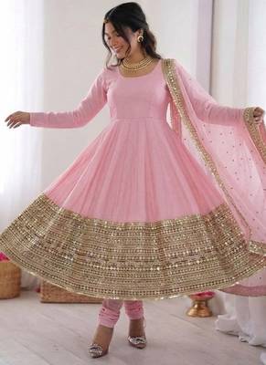 Womens new pastel pink solid anarkali kurta with heavy embroidered border gown set 2