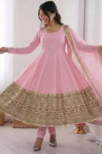Womens new pastel pink solid anarkali kurta with heavy embroidered border gown set