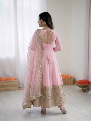Womens new pastel pink solid anarkali kurta with heavy embroidered border gown set 3
