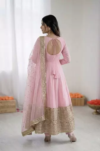 Womens new pastel pink solid anarkali kurta with heavy embroidered border gown set