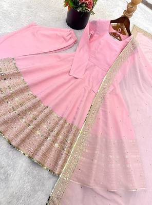 Womens new pastel pink solid anarkali kurta with heavy embroidered border gown set 4