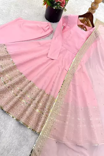 Womens new pastel pink solid anarkali kurta with heavy embroidered border gown set