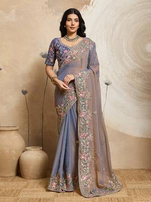 Purple Floral Embroidered Designer Saree for Women 1