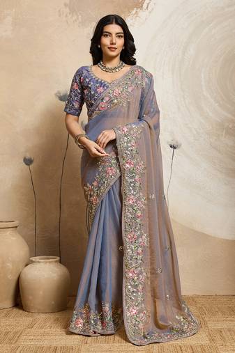Purple Floral Embroidered Designer Saree for Women