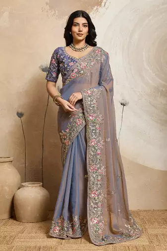 Purple Floral Embroidered Designer Saree for Women