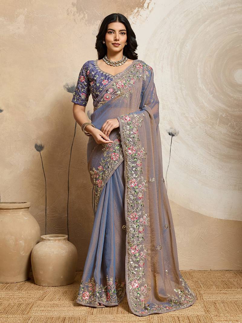 Purple Floral Embroidered Designer Saree for Women