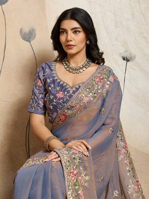 Purple Floral Embroidered Designer Saree for Women 2