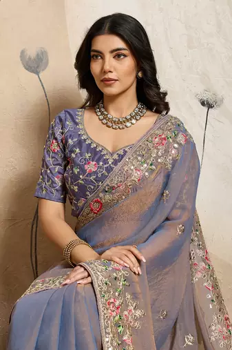 Purple Floral Embroidered Designer Saree for Women