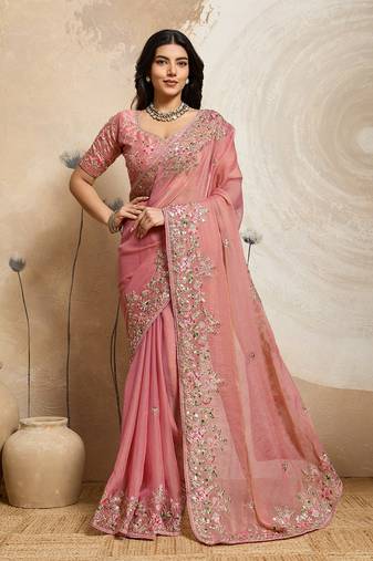 Peach Floral Embroidered Designer Saree for Women