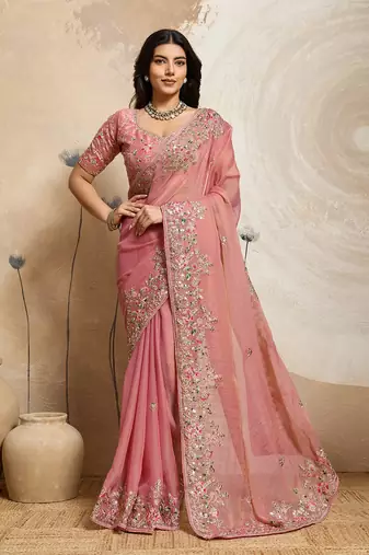 Peach Floral Embroidered Designer Saree for Women