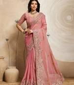 Peach Floral Embroidered Designer Saree for Women