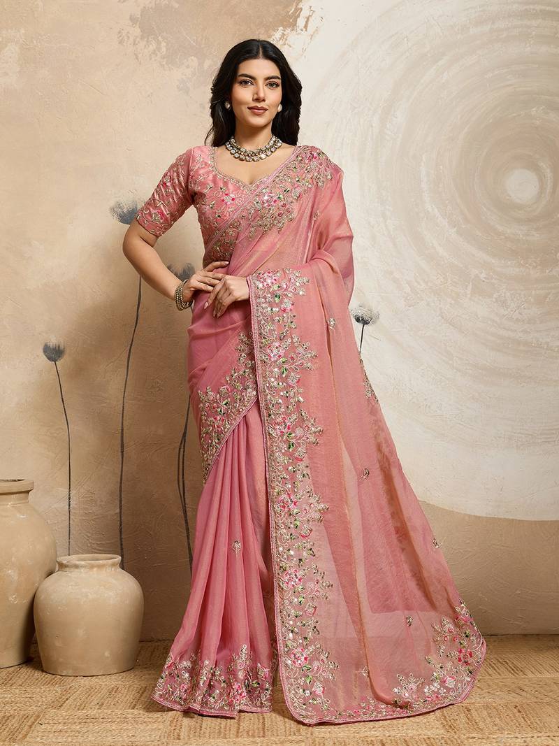 Peach Floral Embroidered Designer Saree for Women