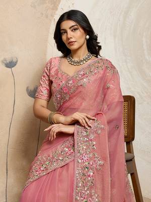 Peach Floral Embroidered Designer Saree for Women 2