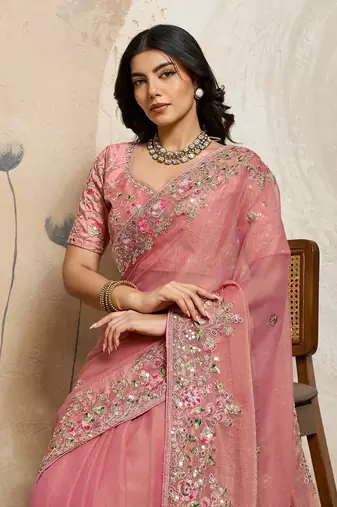 Peach Floral Embroidered Designer Saree for Women